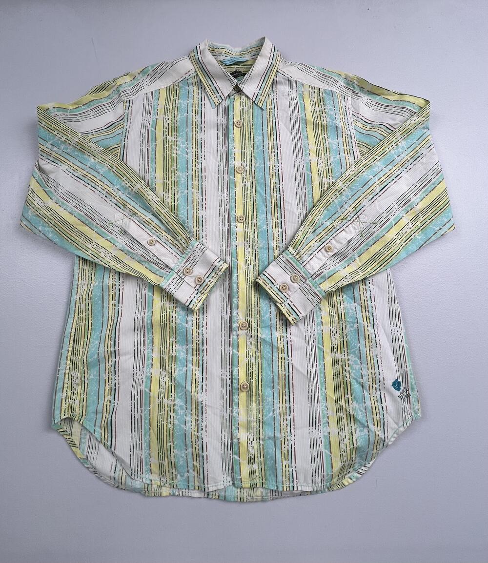 Tommy Bahama Shirt Mens Medium Multicolor Stripe Cotton Silk Button Long Sleeve